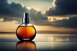 a bottle of perfume sitting on a table in front of the ocean. AI-Generated photo
