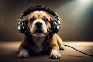 un perro vistiendo auriculares en un oscuro antecedentes. generado por ai foto