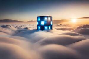 un cubo sentado en el medio de un nube cubierto campo. generado por ai foto