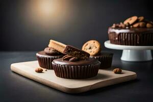 chocolate magdalenas con galletas y nueces en un de madera tablero. generado por ai foto