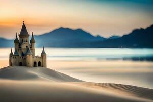 a castle sits on top of a sand dune. AI-Generated photo