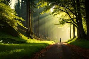 a man walking down a path in the middle of a forest. AI-Generated photo