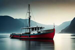 a red and white boat is floating in the water. AI-Generated photo