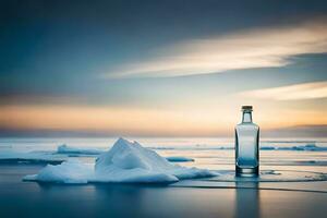 un botella de alcohol se sienta en el hielo en el medio de el océano. generado por ai foto