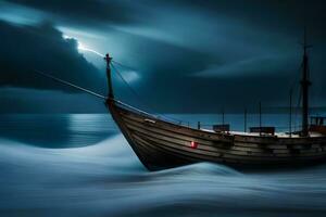 un barco es navegación en el Oceano a noche. generado por ai foto