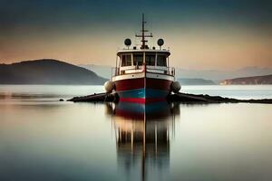 a boat is docked in the water at sunset. AI-Generated photo