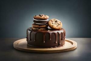 chocolate pastel con galletas y chocolate gotea generado por ai foto