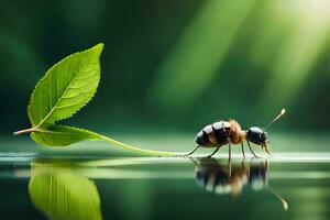 a bug is standing on a leaf with water. AI-Generated photo