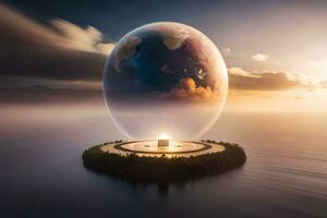 an image of a floating island with a globe on top. AI-Generated photo