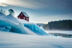 a red house sits on top of an ice floe. AI-Generated photo