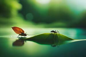 dos insectos en un hoja en agua. generado por ai foto