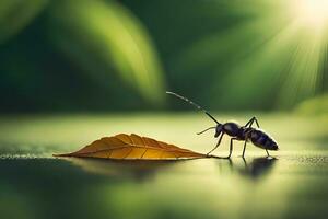 a bug on a leaf with sunlight shining through. AI-Generated photo