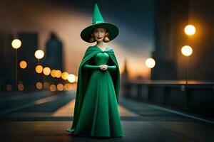 a green witch figurine standing on a street. AI-Generated photo