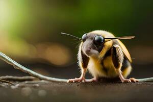 un abeja con grande ojos sentado en el suelo. generado por ai foto