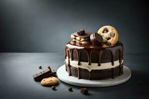 chocolate cake with cookies and cookies on a dark background. AI-Generated photo