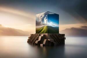 a cube with a picture of a mountain on it. AI-Generated photo