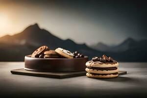 chocolate cake and cookies on a table with mountains in the background. AI-Generated photo