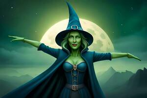 a witch in a green dress and hat standing in front of a full moon. AI-Generated photo