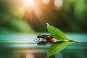 a beetle with a leaf on its back in the water. AI-Generated photo