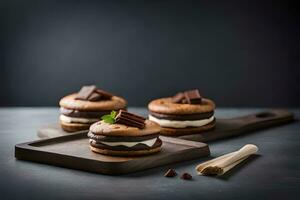 three chocolate and cream sandwiches on a cutting board. AI-Generated photo