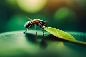 a bee on a leaf with a green background. AI-Generated photo