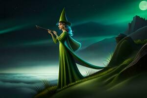 a woman in green dress holding a wand. AI-Generated photo