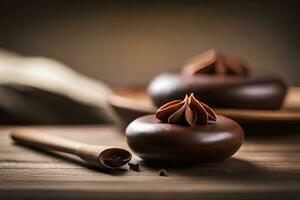 chocolate desserts on wooden table with wooden spoon. AI-Generated photo