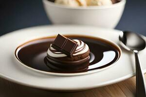 un chocolate postre con un cucharón de hielo crema en cima. generado por ai foto