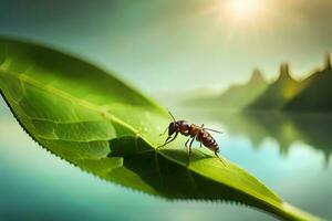 un abeja en un hoja cerca un lago. generado por ai foto