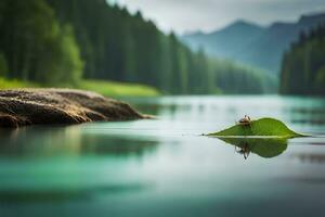 a leaf floating on the water in front of a mountain. AI-Generated photo