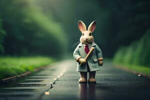 a rabbit in a suit holding a stick. AI-Generated photo