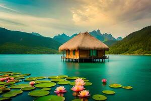 beautiful lake with hut and lotus flowers. AI-Generated photo