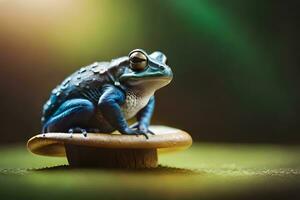 a blue frog sitting on top of a wooden stool. AI-Generated photo