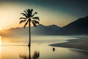 a lone palm tree stands on the beach at sunset. AI-Generated photo