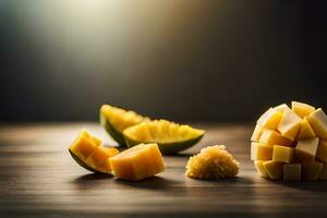 mango slices and slices of mango on a wooden table. AI-Generated photo