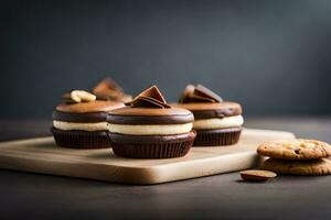 three chocolate cupcakes with peanut butter on top. AI-Generated photo