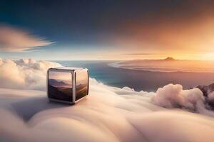 un caja sentado en parte superior de nubes con un ver de el cielo. generado por ai foto