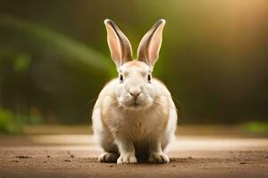a white rabbit sitting on the ground in front of a green background. AI-Generated photo
