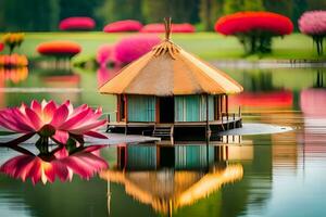 a small hut with a thatched roof sits on the water. AI-Generated photo