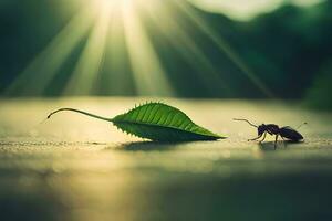 a bug and a leaf on the ground. AI-Generated photo