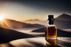 a bottle of whiskey sitting on a table in front of a mountain. AI-Generated photo