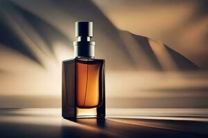 a bottle of perfume sitting on a table. AI-Generated photo