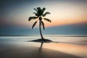 a lone palm tree stands on an island in the ocean. AI-Generated photo