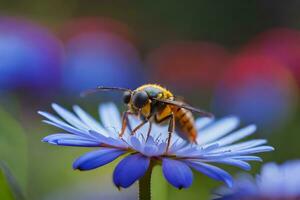 a bee on a blue flower with blurred background. AI-Generated photo