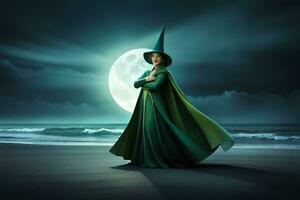 a woman in green dress standing on the beach with a full moon in the background. AI-Generated photo