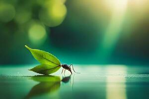 a leaf is sitting on the water with a bug. AI-Generated photo