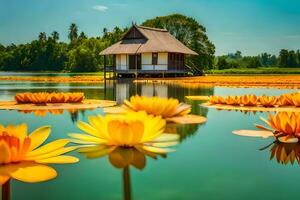 yellow lotus flowers in the water with a hut in the background. AI-Generated photo