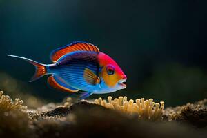 a colorful fish is standing on the ocean floor. AI-Generated photo