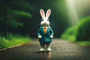 a white rabbit wearing a suit and tie standing on a road. AI-Generated photo