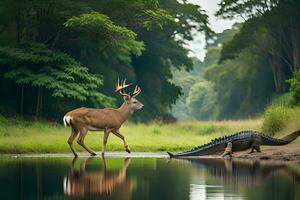 a deer and an alligator in the water. AI-Generated photo